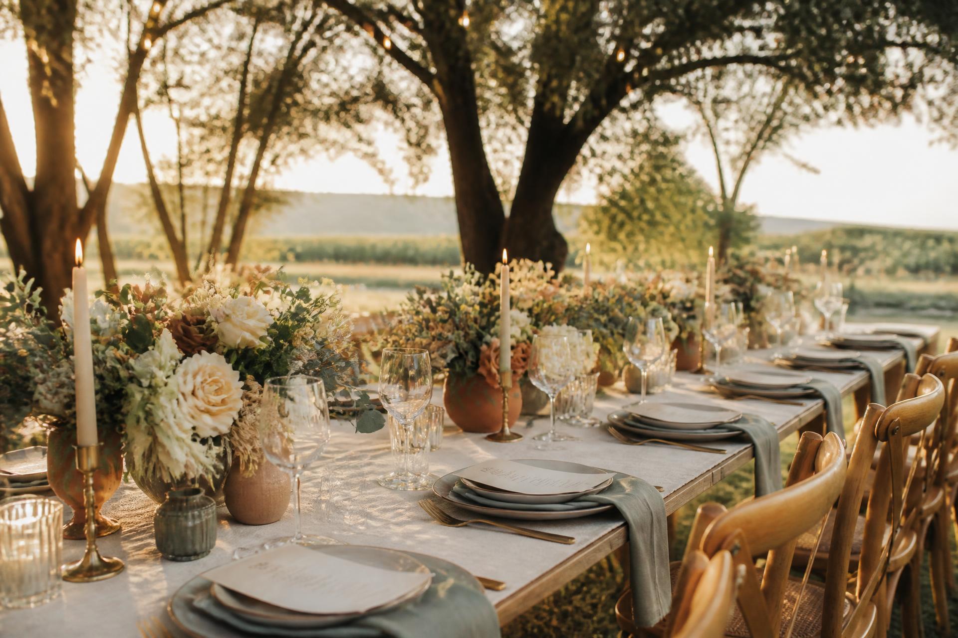 Elegant outdoor wedding table styled with candles, glassware and florals